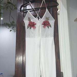 White Mesh Jumpsuit With Flower Appliqué